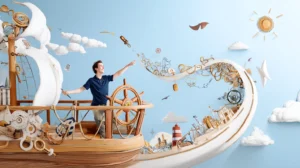 Steward Ownership Een vrolijke kapitein die met een glimlach zijn schip stuurt onder een heldere blauwe hemel, symboliseert steward-eigenaarschap en koersvast leiderschap